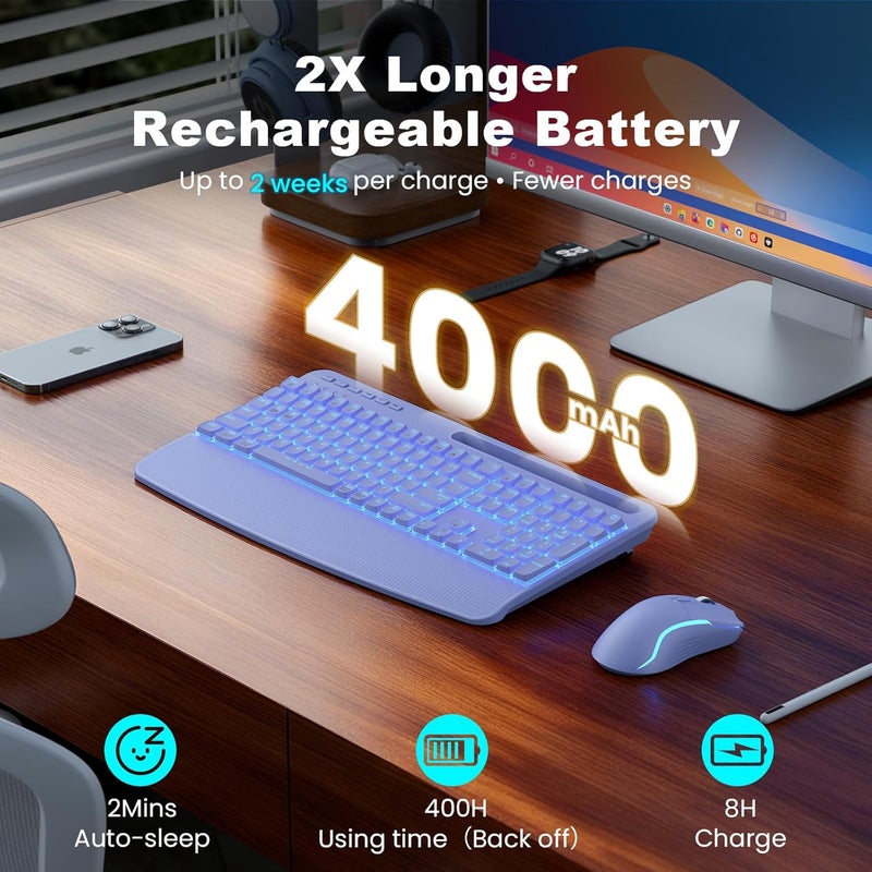 SABLUTE Purple Keyboard and Mouse Wireless Combo, 4000mAh Rechargeable Backlit Quiet Keyboards mice Set, USB Ergonomic Key Board with Wrist Rest & Phone Holder for PC, Mac, Windows, Natural Soft Typing - Image 2